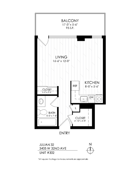 Floor plan for studio, 1 bath, 345 sqft